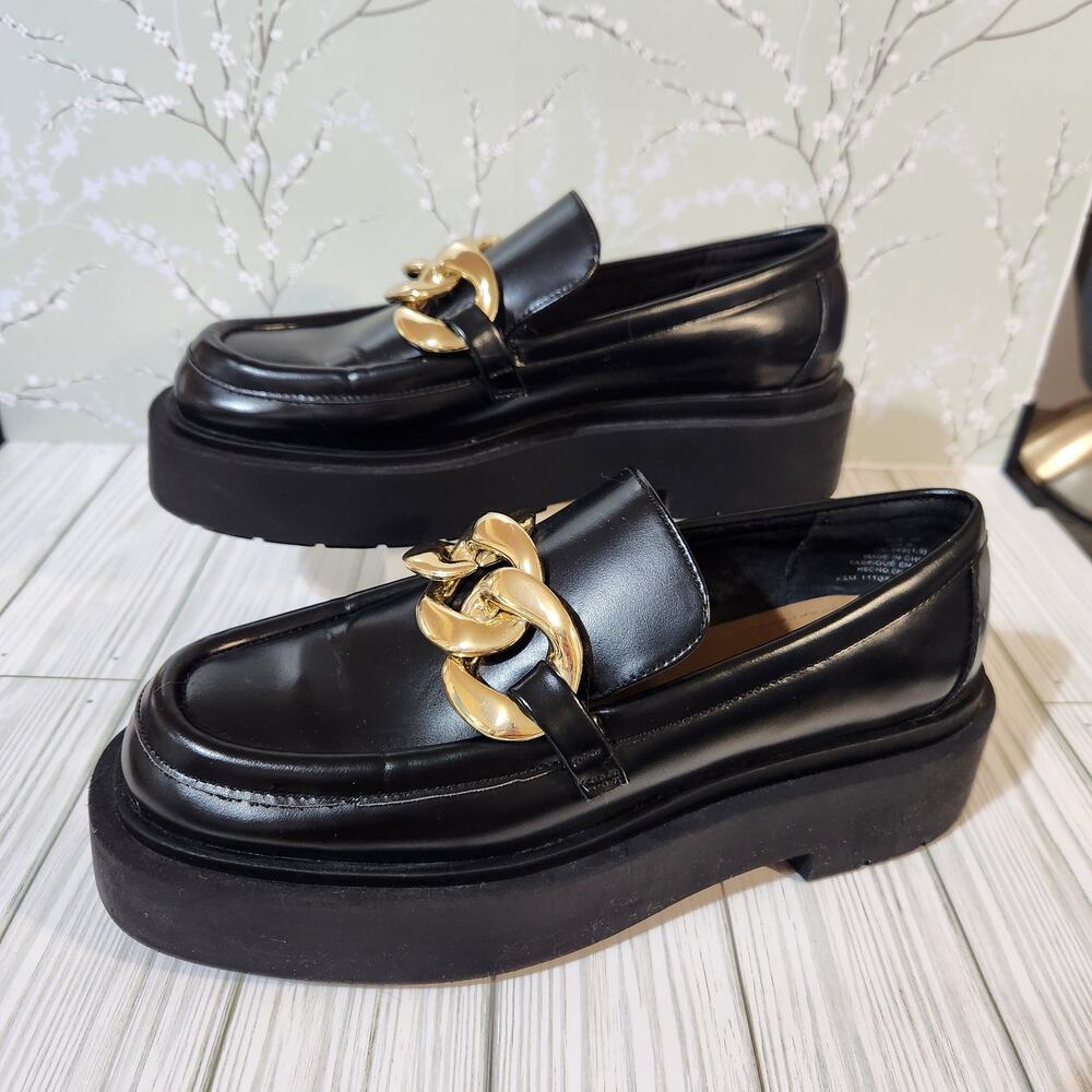 H&M Gold Chain-detail Black Chunky Platform Slip-on Women's Vegan Loafers US-8.5